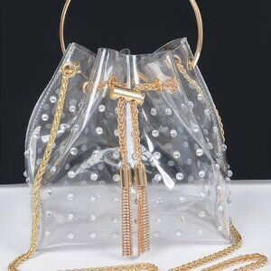 Faux Pearl Studded Bucket Bag W/metal Handle